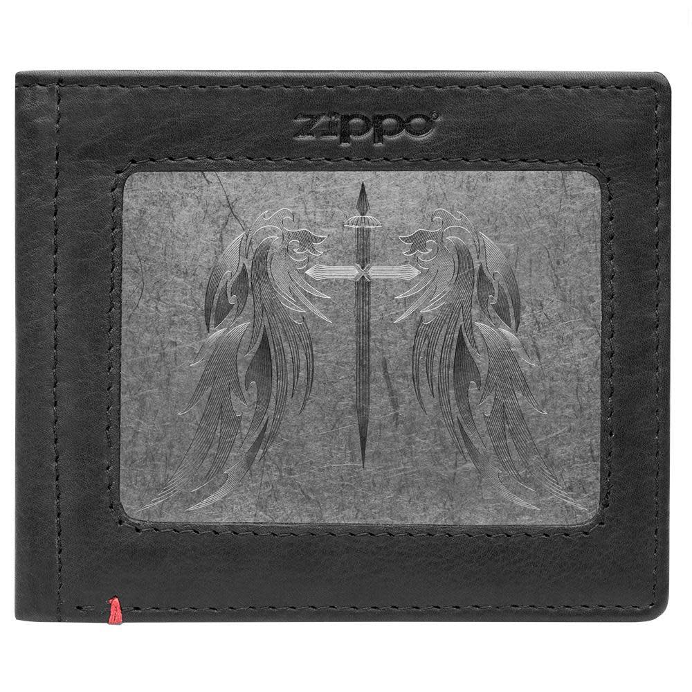 Black Leather Wallet- Cross Wings Metal Plate Design